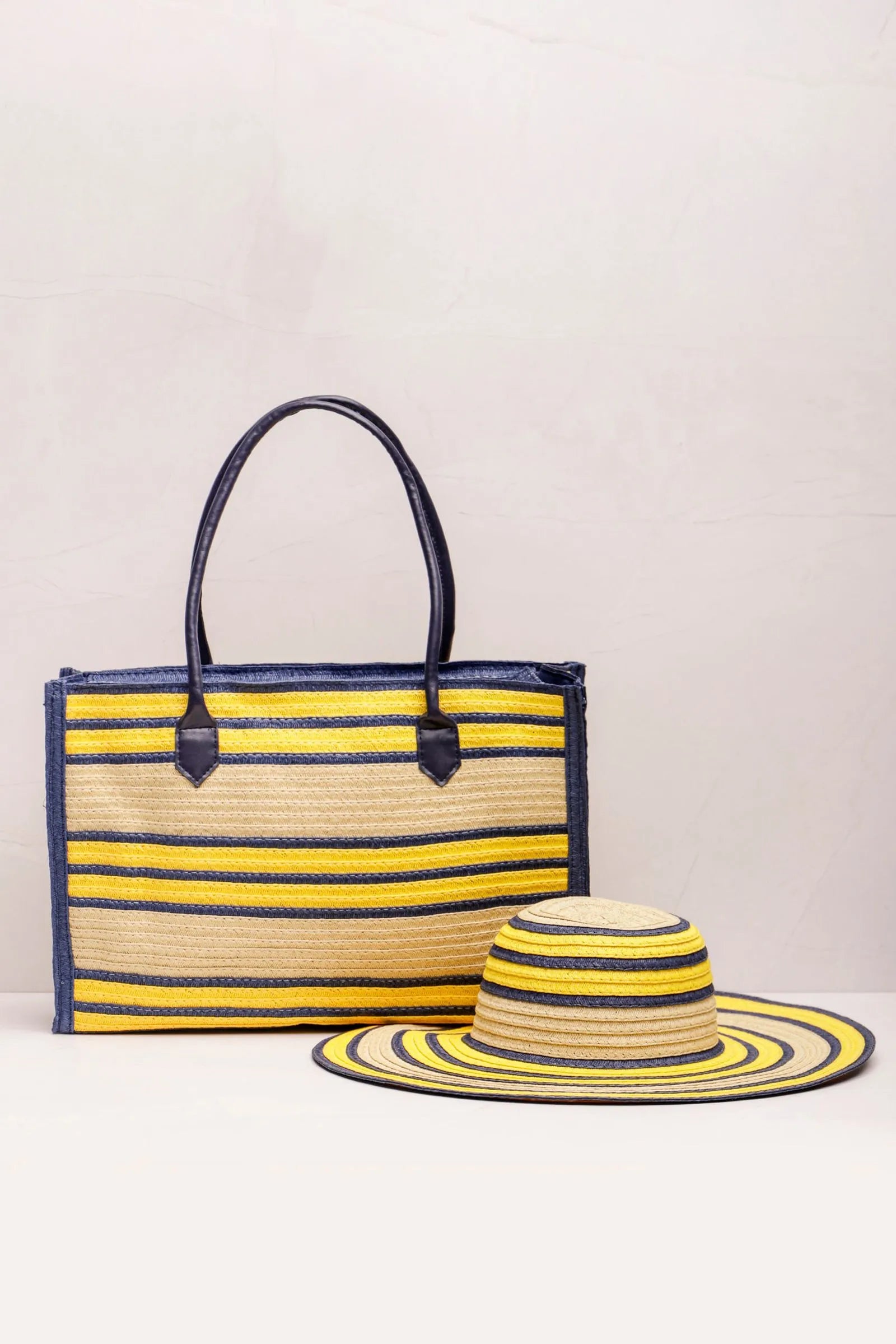 Conjunto Chapéu e Bolsa Retrô Natural Listras BEGE