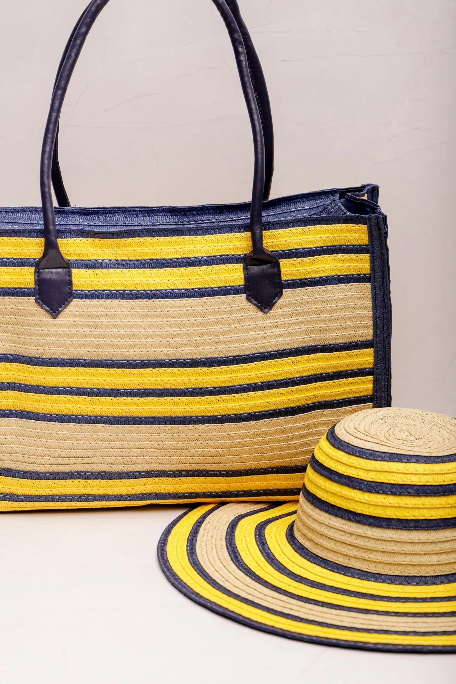 Conjunto Chapéu e Bolsa Retrô Natural Listras BEGE