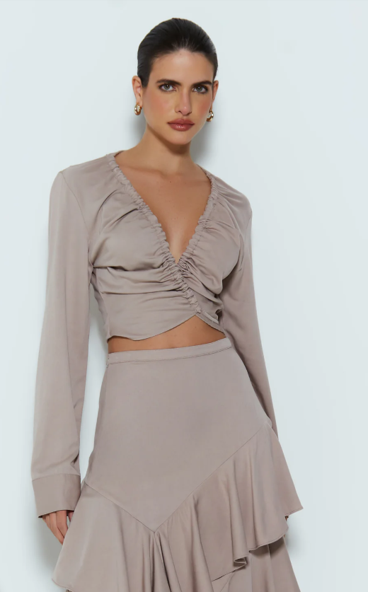 BLUSA MANGA LONGA COM FRANZIDO E AMARRACAO MOCHA