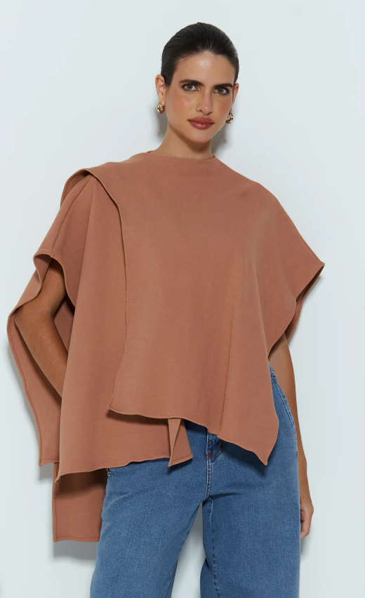 BLUSA MANGA CURTA PONCHO ASSIMETRICO MOCHA MOUSSE