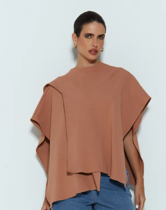BLUSA MANGA CURTA PONCHO ASSIMETRICO MOCHA MOUSSE
