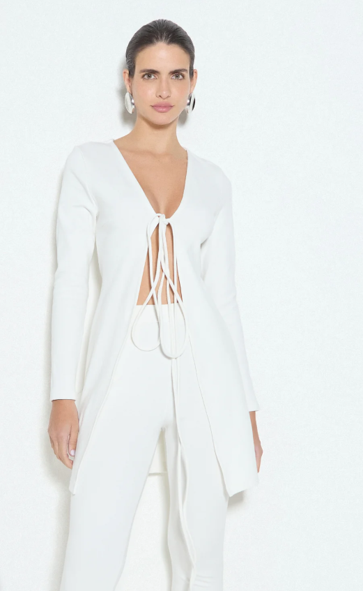 BLUSA MANGA LONGA COM AMARRACAO EM MALHA CANELADA OFF WHITE