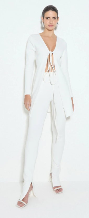 BLUSA MANGA LONGA COM AMARRACAO EM MALHA CANELADA OFF WHITE