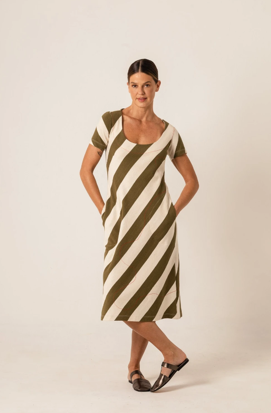 Vestido Curto de Malha Listras Verde/Bege