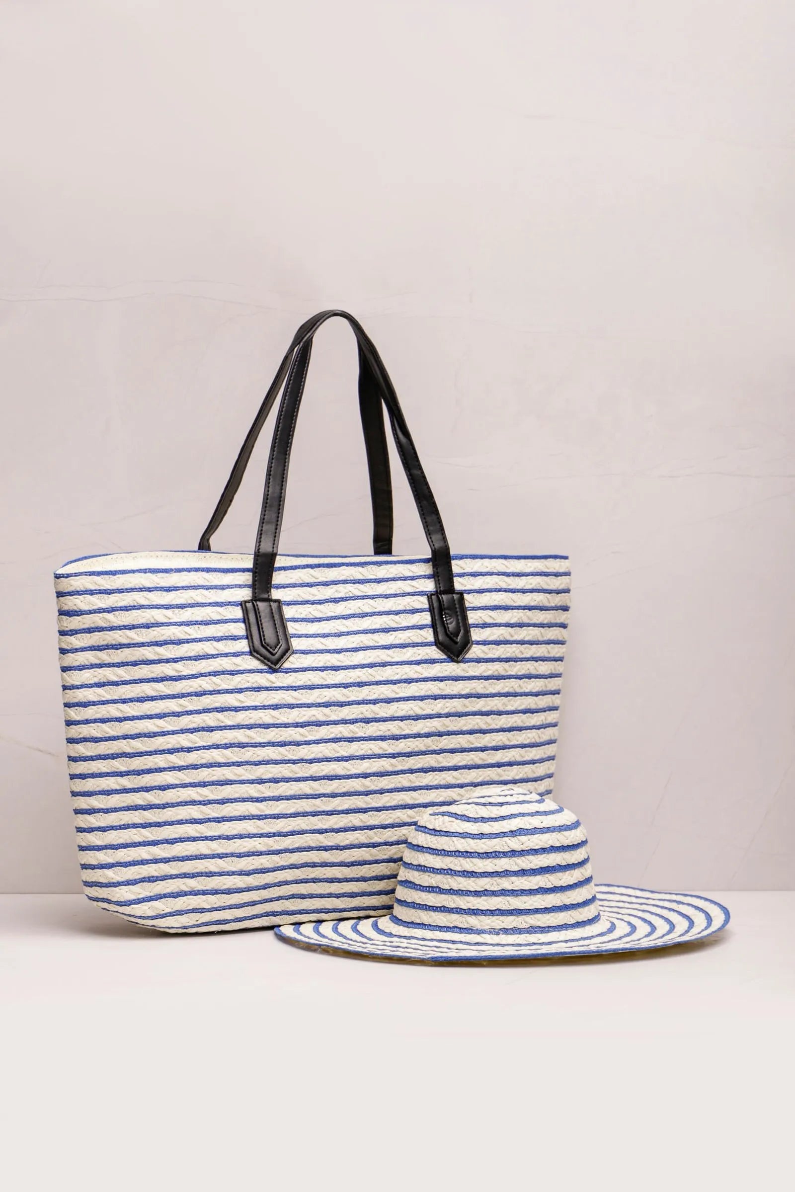 Conjunto Chapéu e Bolsa Trama Listras MARINHO