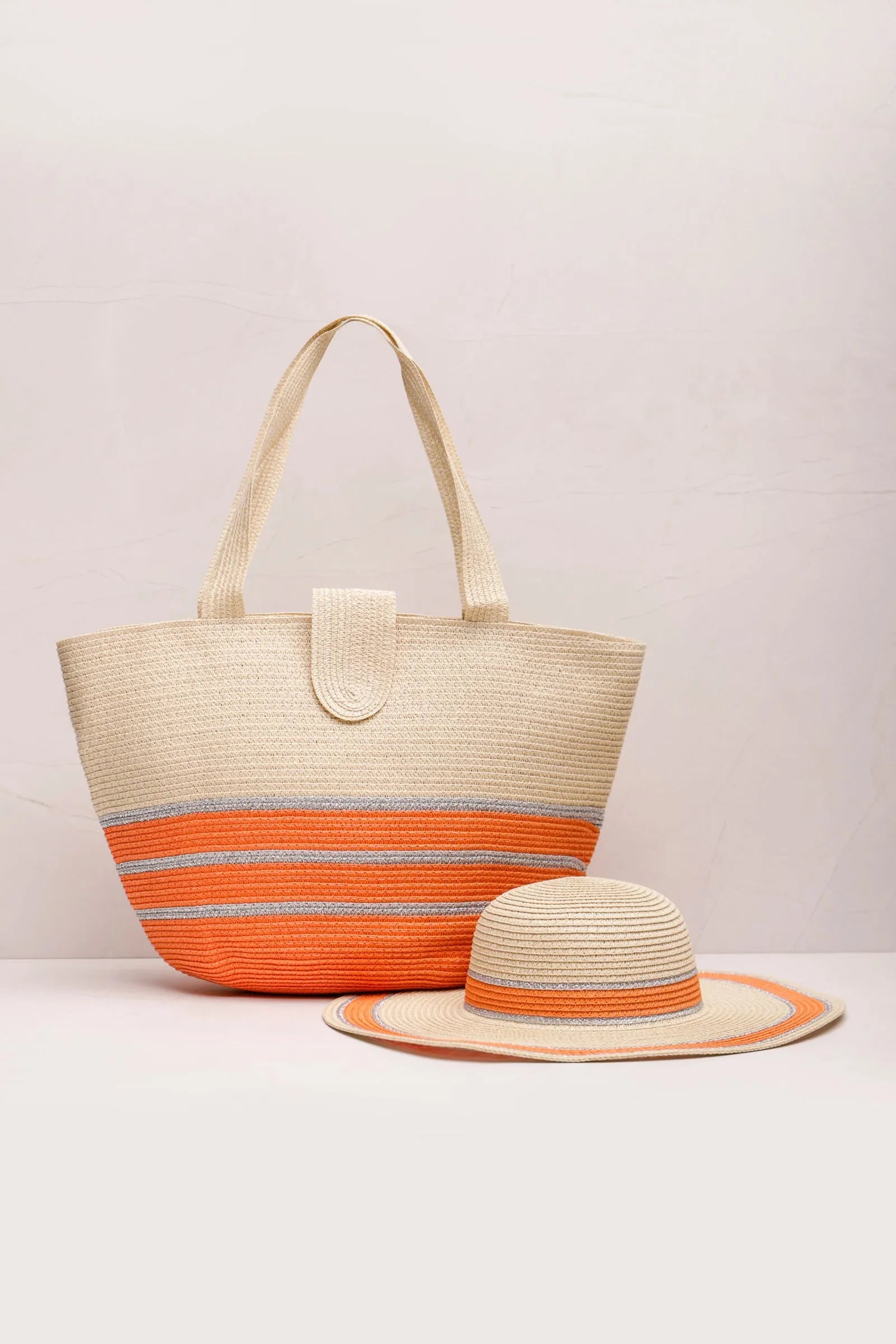 Conjunto Chapéu e Bolsa Detalhe Listra Color LARANJA