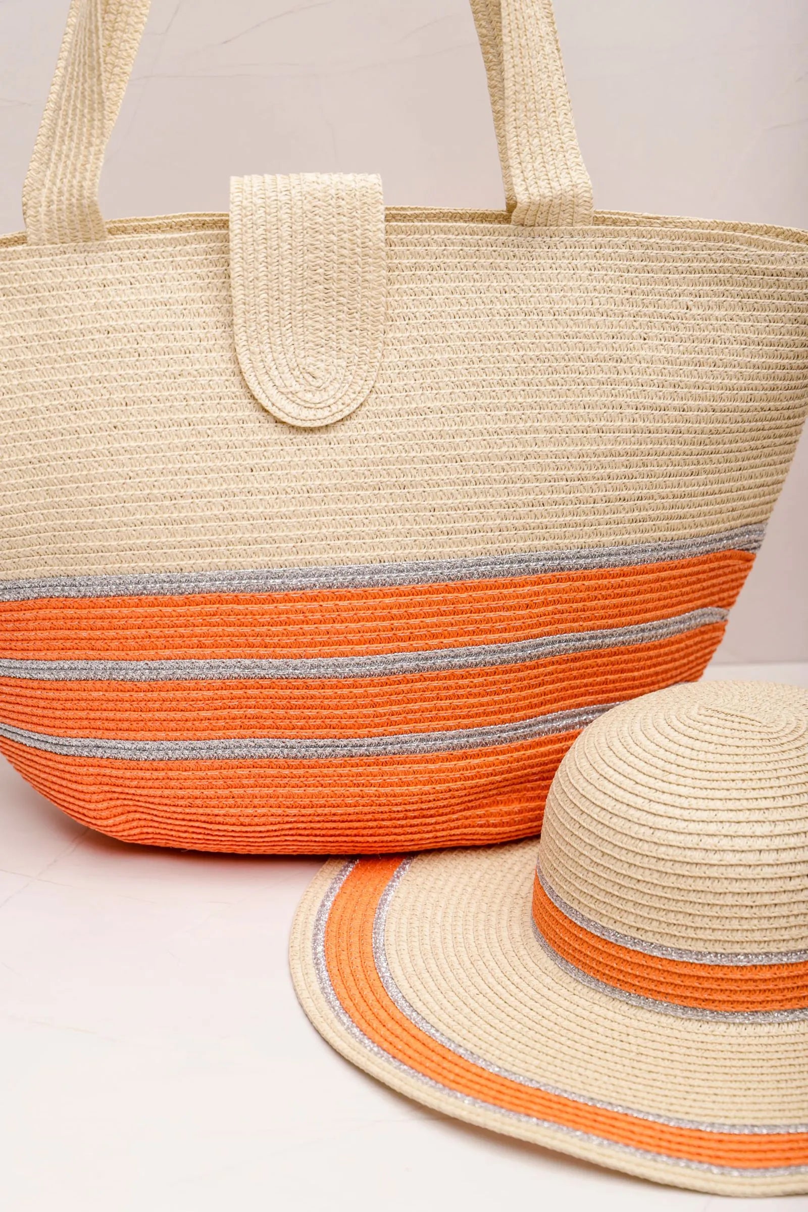 Conjunto Chapéu e Bolsa Detalhe Listra Color LARANJA