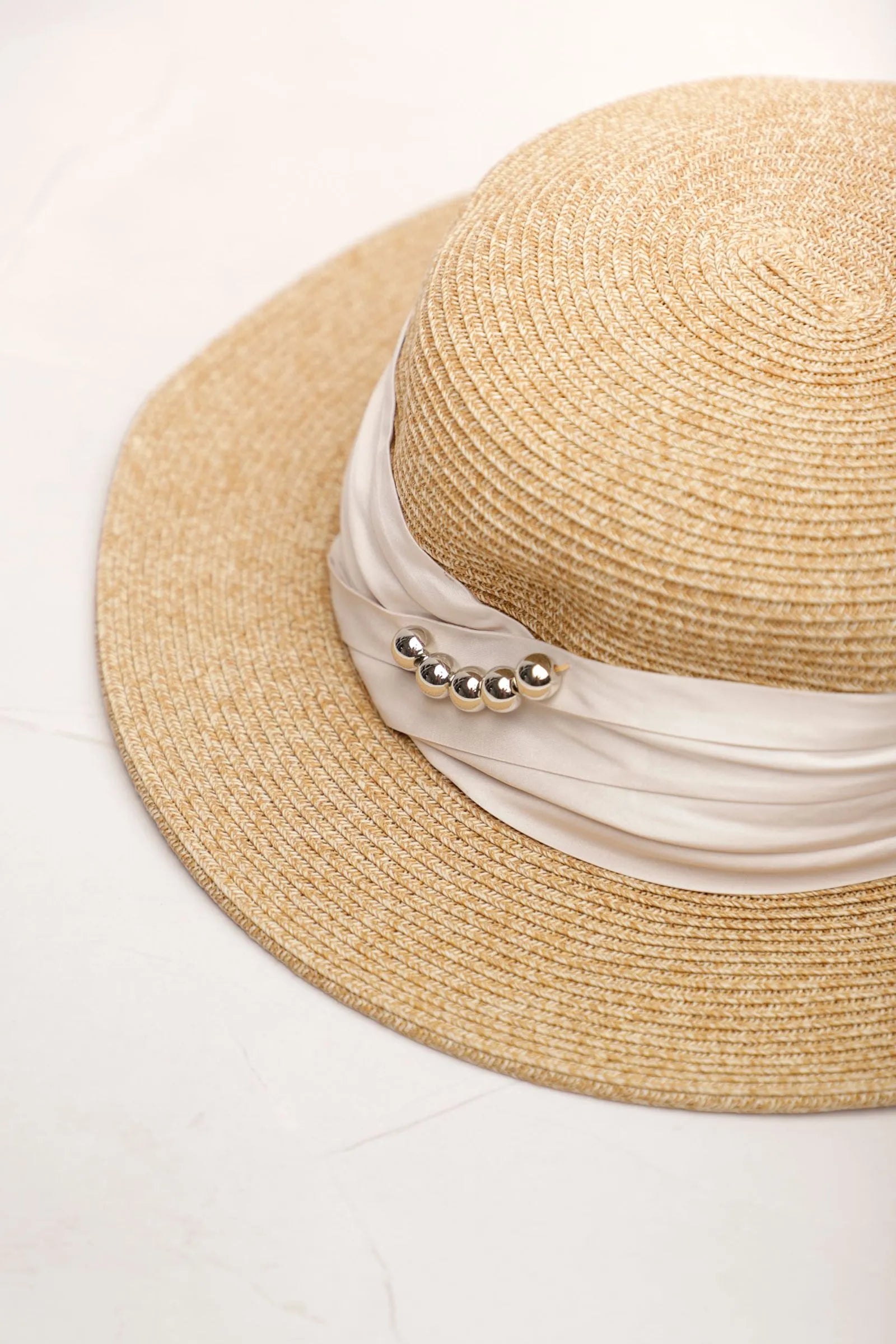 Chapéu De Palha Faixa Cetim Pérola OFF-WHITE