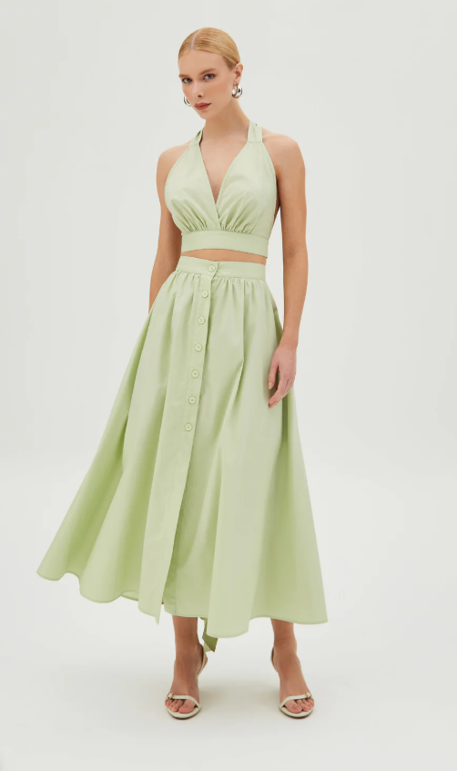 SAIA MIDI AMPLA COM BOTOES FRONTAL VERDE MENTA CLARO