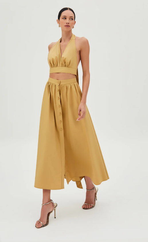 SAIA MIDI AMPLA COM BOTOES FRONTAL KAKI