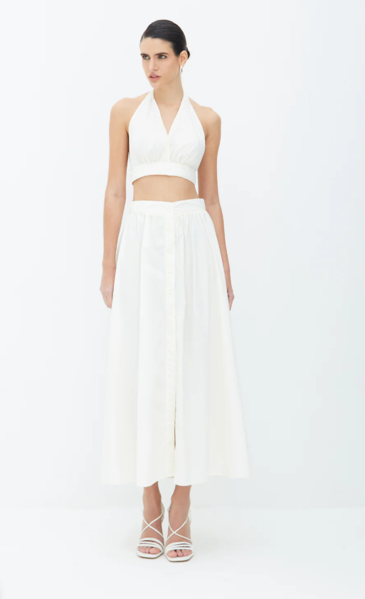 SAIA MIDI AMPLA COM BOTOES FRONTAL CREME