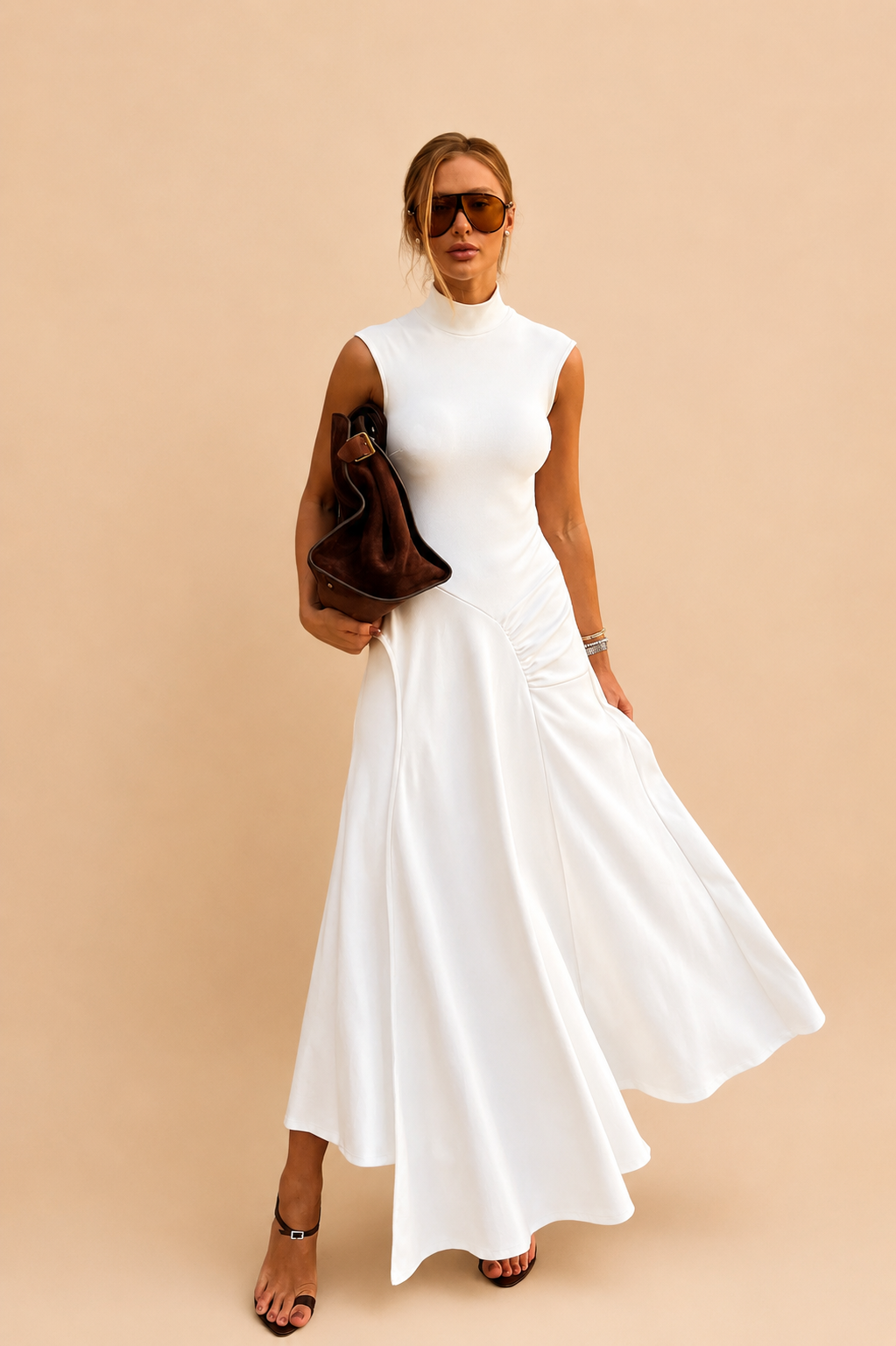 Vestido Midi Gola Alta e Faixa Sobreposta Off White